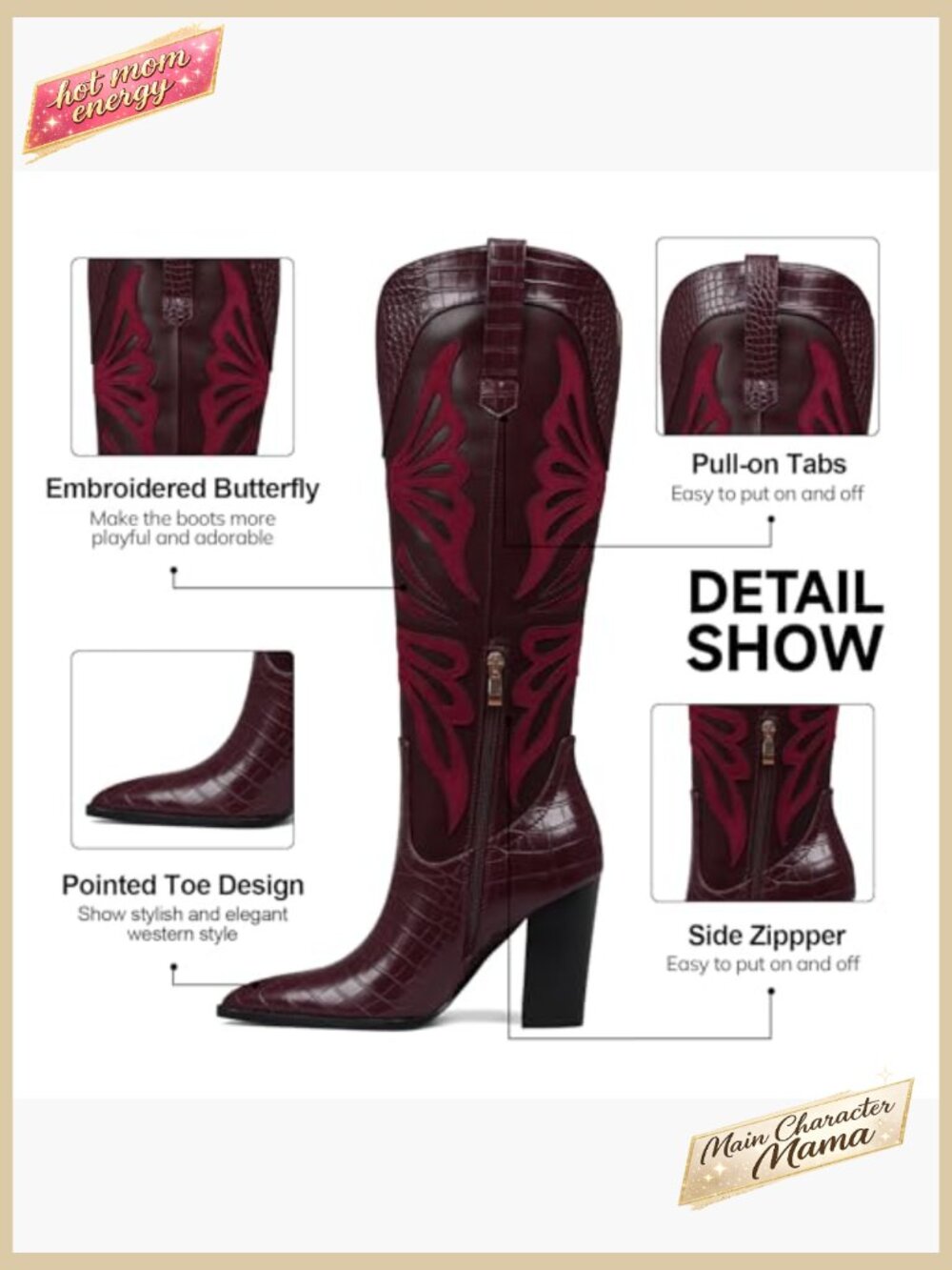 Pointed Toe Chunky Heel Cowboy Boots Knee High Embroidered Butterfly Western - Picture 5 of 7